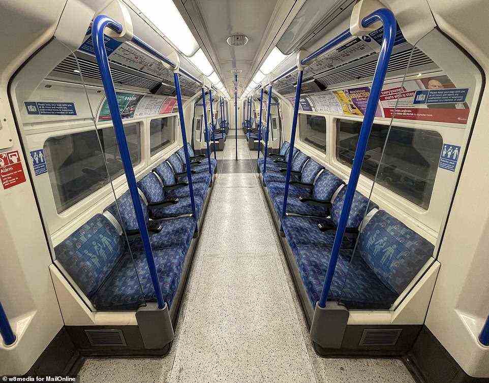 An empty Picadilly line carriage on the London Underground network at about 7.30am this morning as people stay at home
