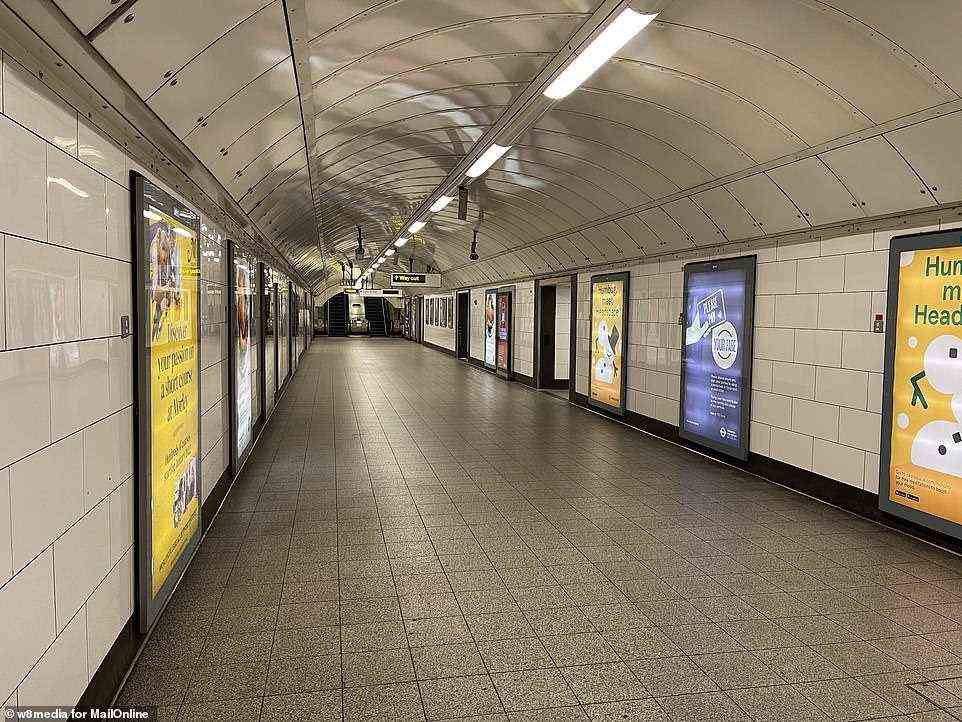 An empty passageway during rush hour at about 8am today at London King's Cross St Pancras station on the Underground