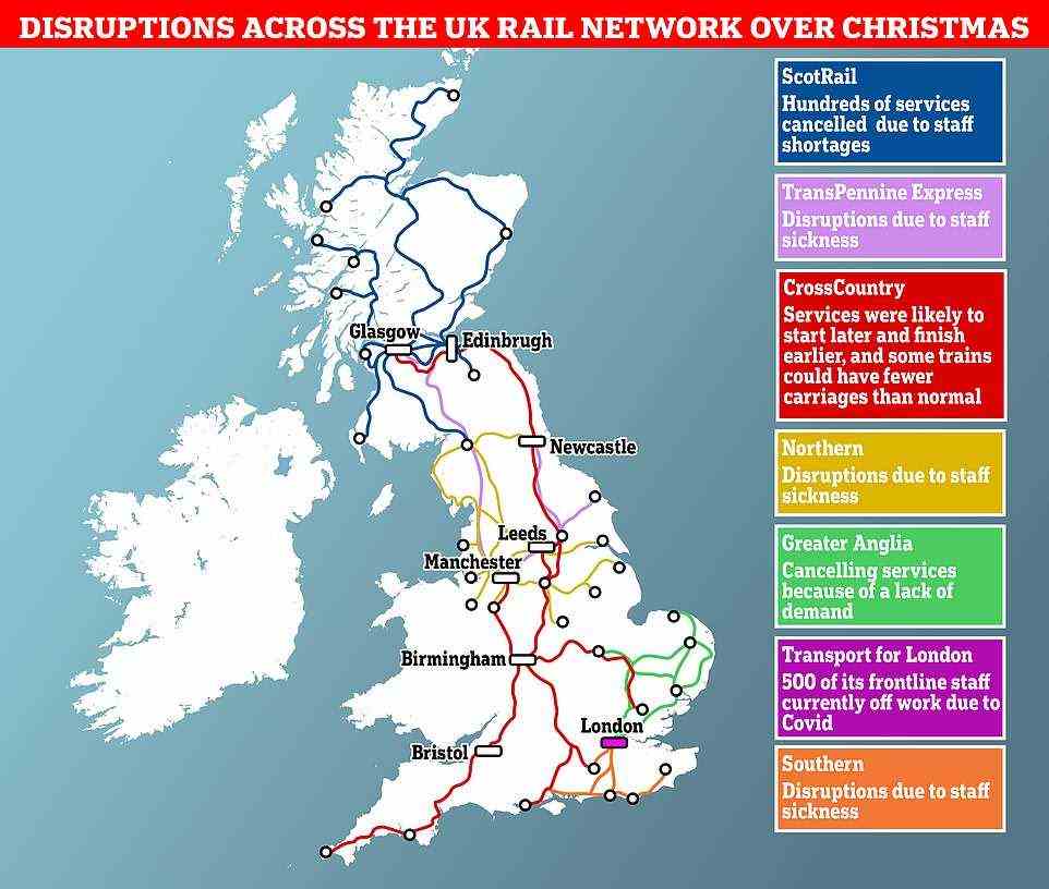 Rail operators have blamed coronavirus-related staff shortages for widespread cancellations during the Christmas getaway