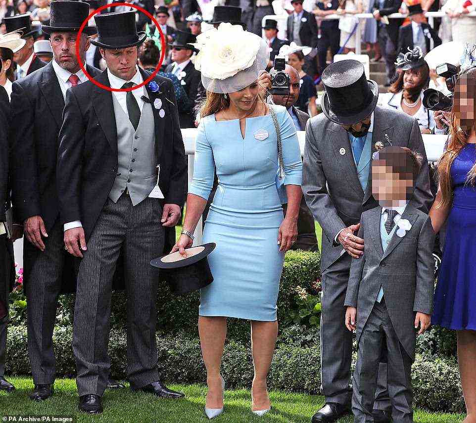 The judgement revealed how Princess Haya had paid out £7million to 'blackmailers' on her security staff to keep secret her affair with her British bodyguard, Russell Flowers, (circled left). Haya (middle) is seen next to Sheikh Mohammed on the right. The image was taken at Ascot