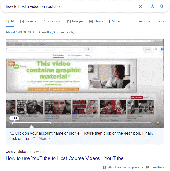 Video featured snippet example. 
