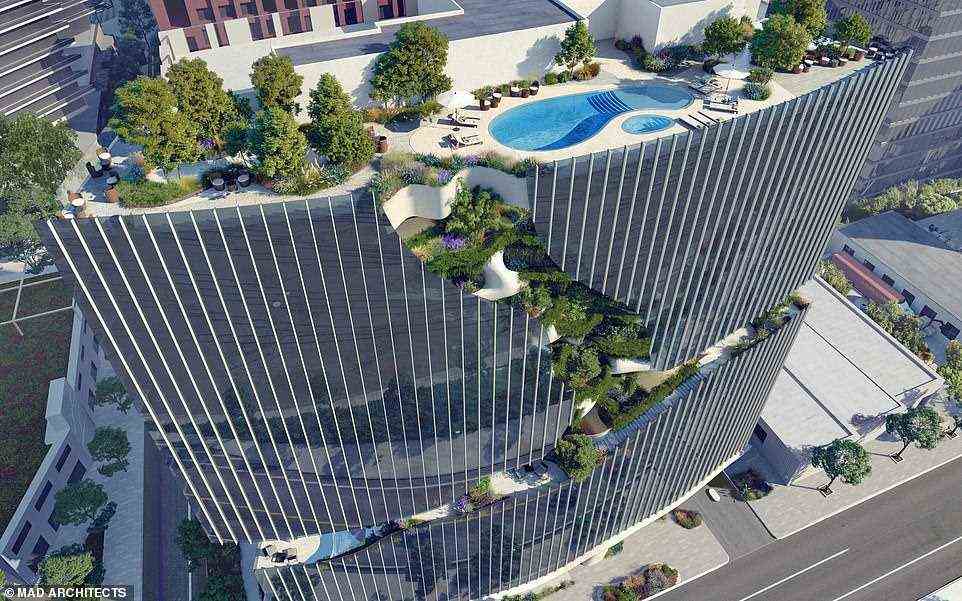Das chinesische Designbüro Mad Architects hat das Gebäude entworfen, das über 1.208 m² Grünfläche, Wasserspiele und Landschaftsgestaltung verfügt