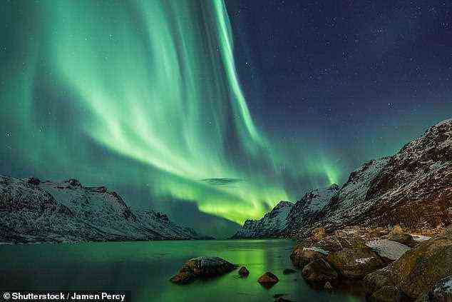 Das Nordlicht ist eine Aurora, die durch geladene Teilchen von Sonnenwinden verursacht wird, die von unserem Stern geschleudert werden und mit dem Erdmagnetfeld kollidieren.  Bild einer Bildagentur