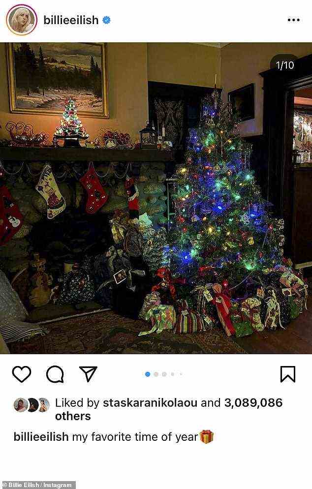 Holidays: Billie Eilish uploaded a slideshow of her family home decked out in holiday decor, her recent travels around New York City and rescue dog Shark