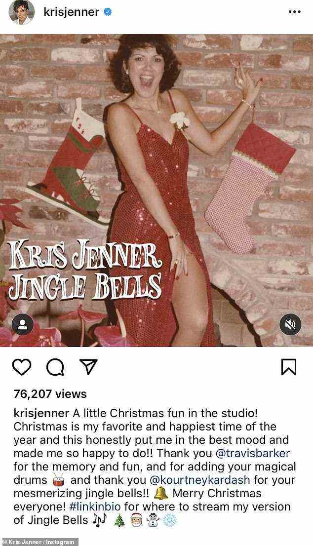 Latest venture: Kris Jenner, who has been spending the days ahead of Christmas with her six kids and ten grandchildren, announced she recorded her own version of Jingle Bells