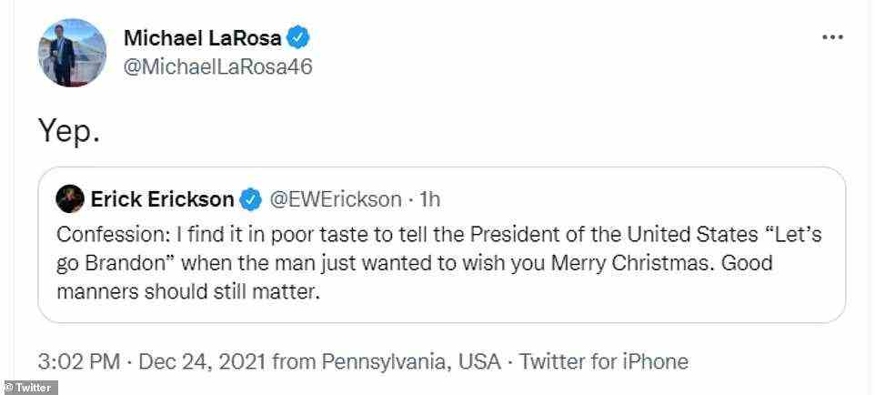 The first lady's spokesman Michael LaRosa answered 'Yep.' after conservative blogger Erick Erickson said the 'Let's Go Brandon' utterance was in 'poor taste,' as the internet swifly reacted to the dad's dig