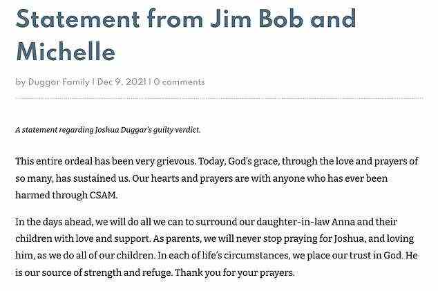Parents Jim Bob and Michell wrote: 'As parents, we will never stop praying for Joshua, and loving him, as we do all of our children. In each of life’s circumstances, we place our trust in God'