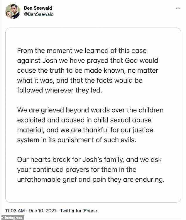 Ben wrote on Instagram: 'Our hearts break for Josh's family, and we ask your continued prayers for them in the unfathomable grief and pain they are enduring'