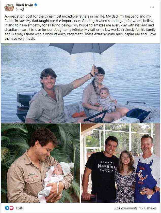 Thankful: She uploaded a Facebook post celebrating Father's Day in the USA, saying she was thankful for the 'three most incredible fathers in her life': her late father Steve Irwin, her husband Chandler Powell and her father-in-law Chris