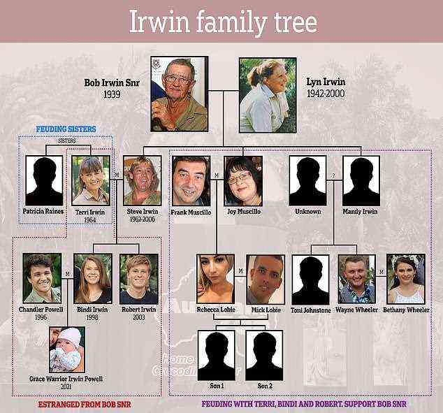 Pictured: the Irwin family tree, including who sides with Bindi and who sides with Bob Snr