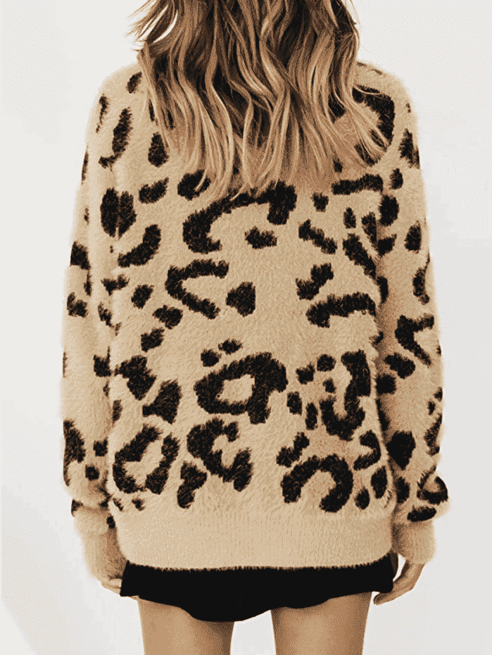 Saodimallsu Damen Oversized Sherpa Pullover mit Rundhalsausschnitt und Leopardenmuster