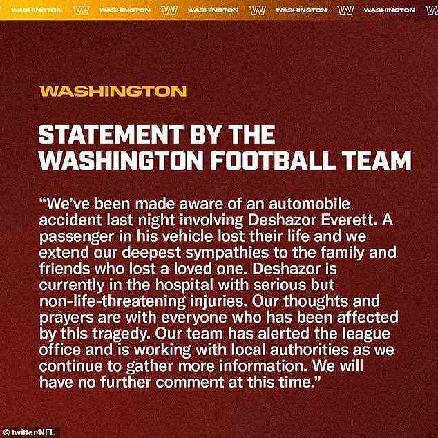 Am Freitag veröffentlichte das Washington Football Team, früher bekannt als Washington Redskins, eine Erklärung zu dem oben abgebildeten Absturz