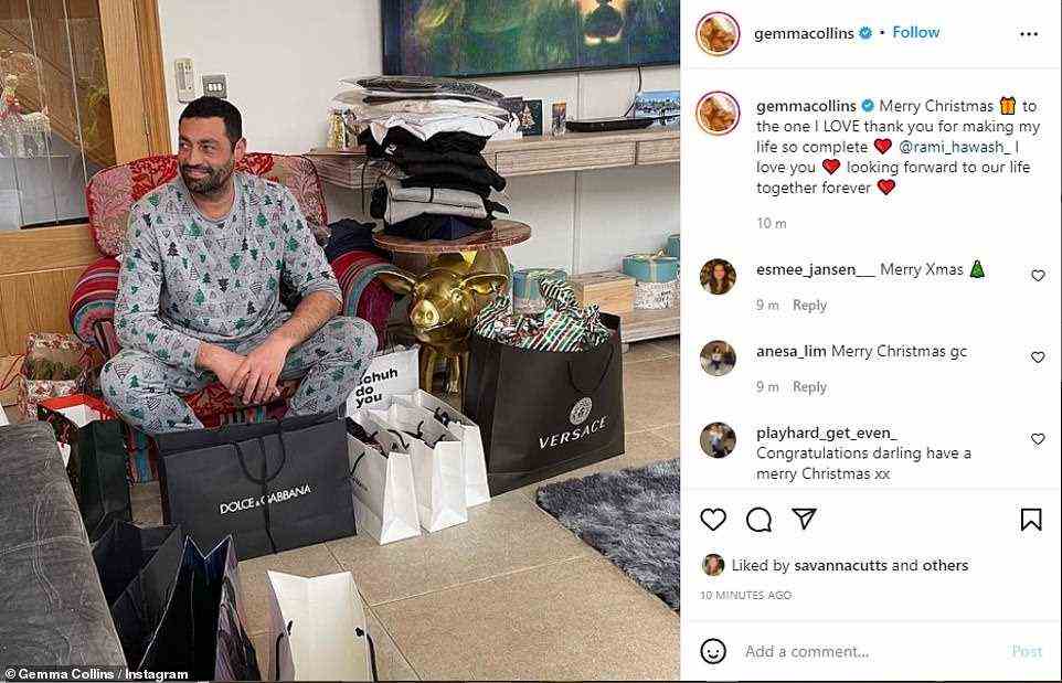 'Looking forward to our life together forever': Gemma Collins paid tribute to Rami Hawash as he sat surrounded by gifts