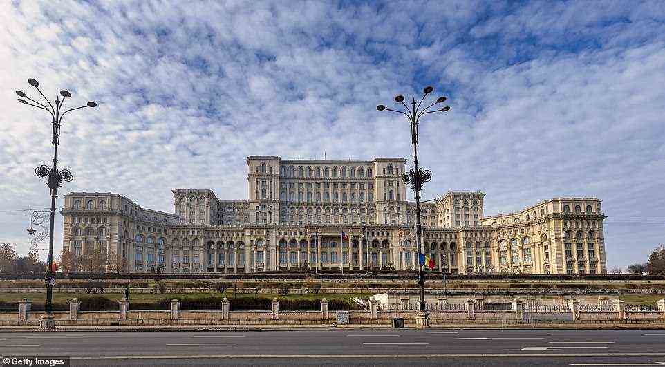 The view from the front of the Palace of the Parliament which is situated in the centre of Bucharest in Romania. The sprawling structure is the heaviest building in the world, weighing about 4,098,500,000 kilograms (9.04 billion pounds; 4.10 million tonnes)