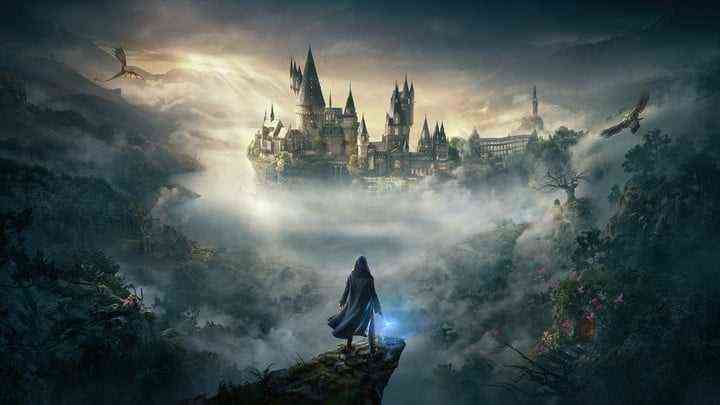 A wizard with a glowing wand looking at Hogwarts.