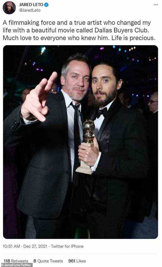 His tribute: Jared Leto, whom Jean-Marc helped get an Oscar for his acting in Dallas Buyers Club, also made a remark. 'A filmmaking force and a true artist who changed my life with a beautiful movie called Dallas Buyers Club'