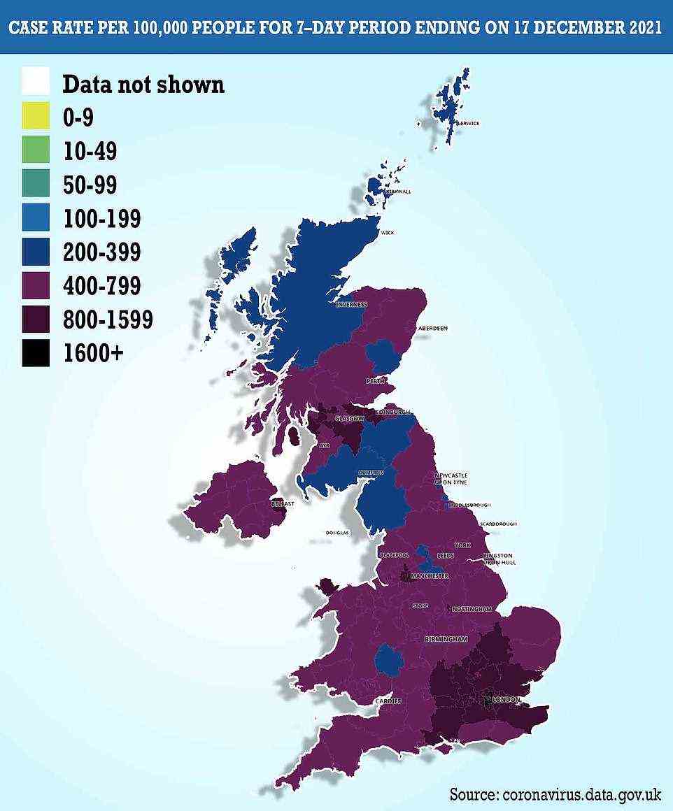 Confirmed Covid case rate per 100,000 people in areas across the UK according to official UK Health Security Agency data