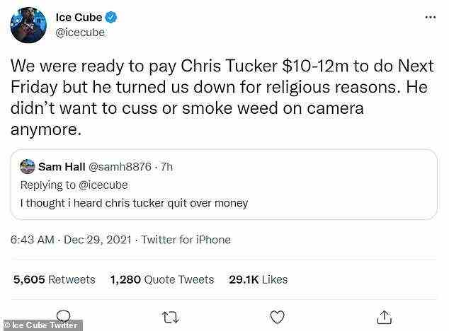 Den Rekord klarstellen: Ice Cube reagierte auch auf einen Tweet, in dem spekuliert wurde, dass Chris Tucker, der Smokey gespielt hatte, aus finanziellen Gründen nicht in der Fortsetzung erschienen war