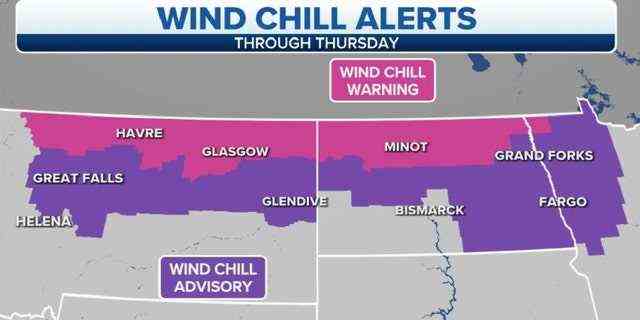 Windchill-Warnungen über Montana, North Dakota