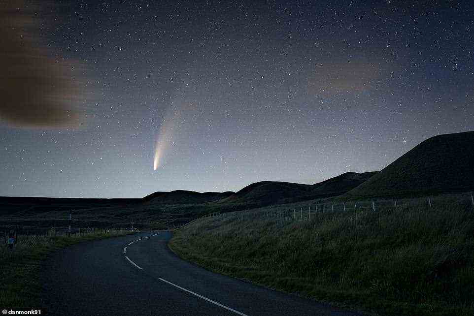 This incredible shot shows the Comet Neowise (also known as C/2020 F3) shooting through the sky in County Durham in July 2020. Dan spent five nights trying to capture the comet, and eventually enjoyed success early one morning when this composite image was captured. Dan explains: 'The speed of a comet changes dramatically due to their highly elliptical orbit. They slow down when further from the sun and speed up when near. When Comet Neowise was passing Earth it was travelling roughly 144,000 mph, twice the speed of Earth orbiting the sun'