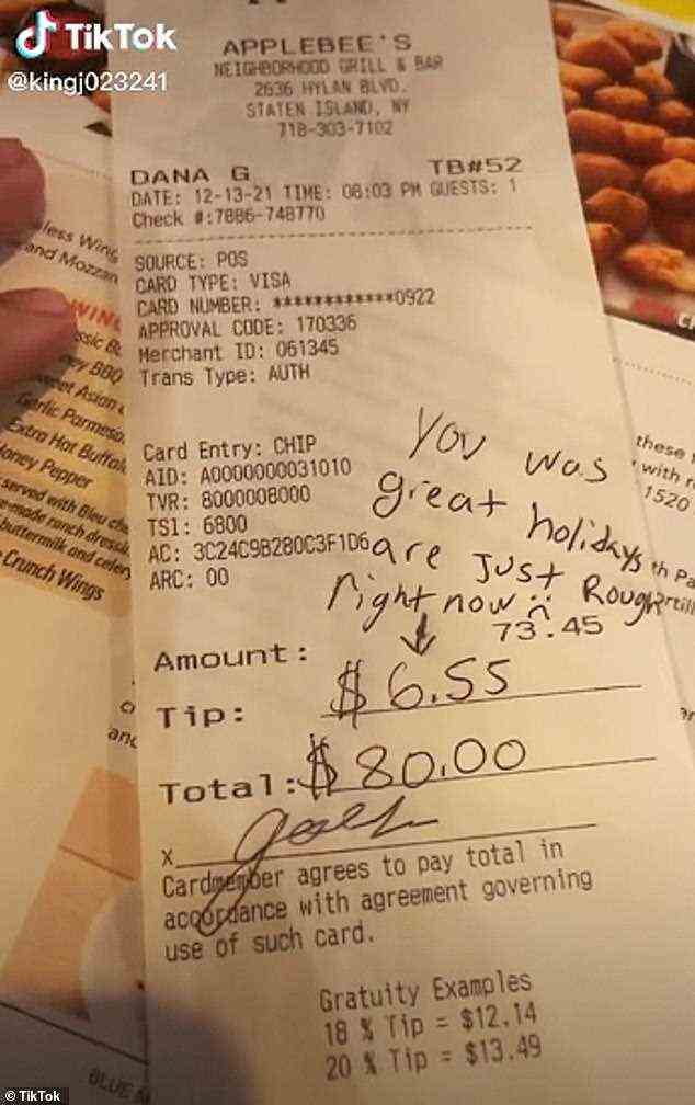 Ein Kunde in einem Applebee in Staten Island gab 6,55 $ auf einer 73,45 $-Rechnung und fügte hinzu, dass die Kellnerin einen 