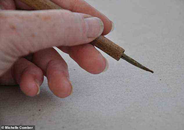 Irlands ältester bekannter Tintenstift (im Bild) – mit einem hohlen Knochenlauf und einer Kupferlegierungsfeder – wurde bei Ausgrabungen eines Cashel oder einer Steinfestung in der Grafschaft Clare gefunden