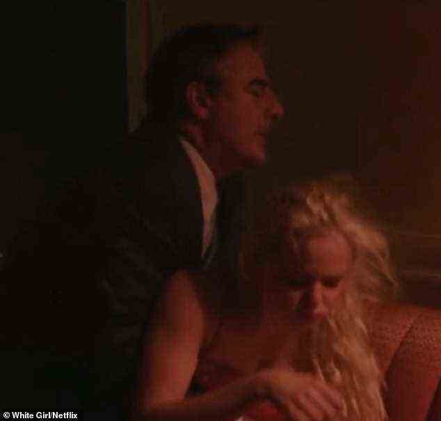 Chris Noth was cast as a predatory New York lawyer in gritty drug drama White Girl. In one scene the character rapes a vulnerable young woman after she passes out drunk, pictured. The scene, and comments the actor made while promoting the film, have resurfaced