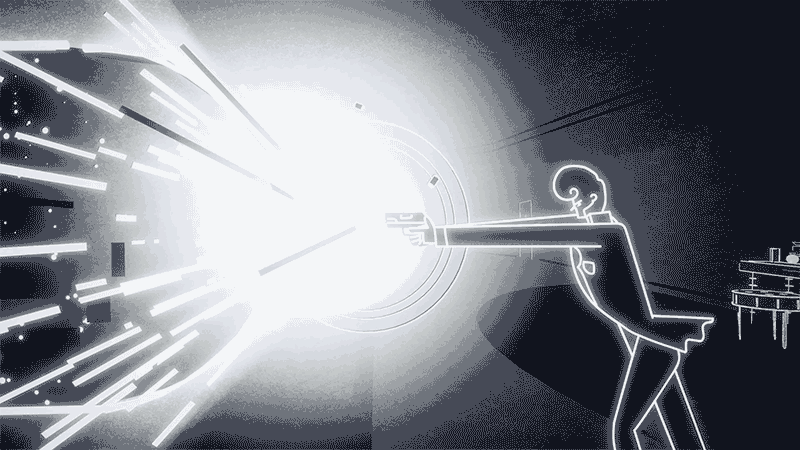Animiertes Schwarz-Weiß-Still aus Genesis Noir, in dem ein Charakter mit einer Waffe auf den Protagonisten schießt.