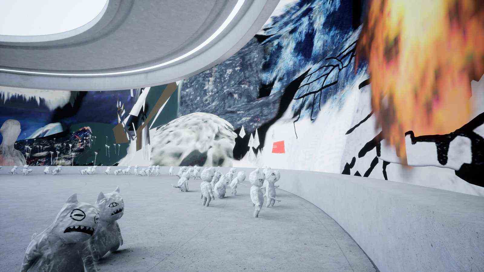 Screenshot von Radiohead Kid A Mnesia Exhibition, bei der abstrakte Szenen aus Schnee und Feuer auf einer geschwungenen Wand eines großen...