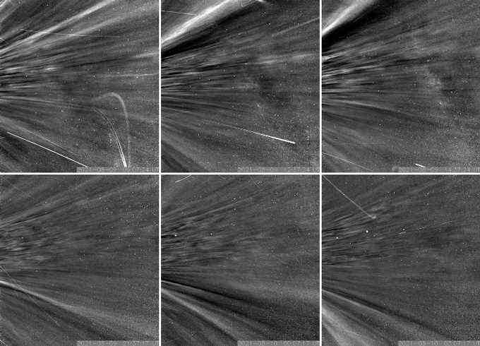 sechs Schwarz-Weiß-Bilder von Strukturen in der Sonnenkorona