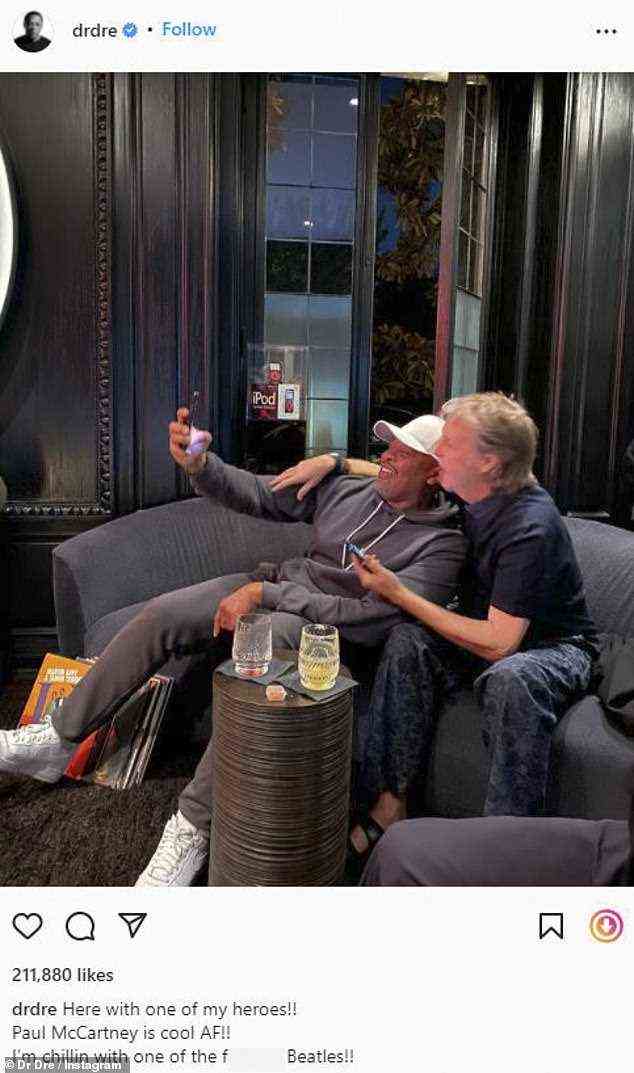 Das Neueste: Dr. Dre, 56, posierte für ein Selfie mit Paul McCartney, 79, in einer Aufnahme, die er am Mittwoch auf Instagram gepostet hatte