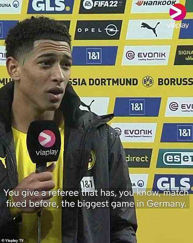 Dortmunds Mittelfeldspieler Jude Bellingham verwies in einem Interview nach dem Spiel nach der Niederlage seiner Mannschaft auf Zwayers vorherige Sperre für Spielmanipulationen