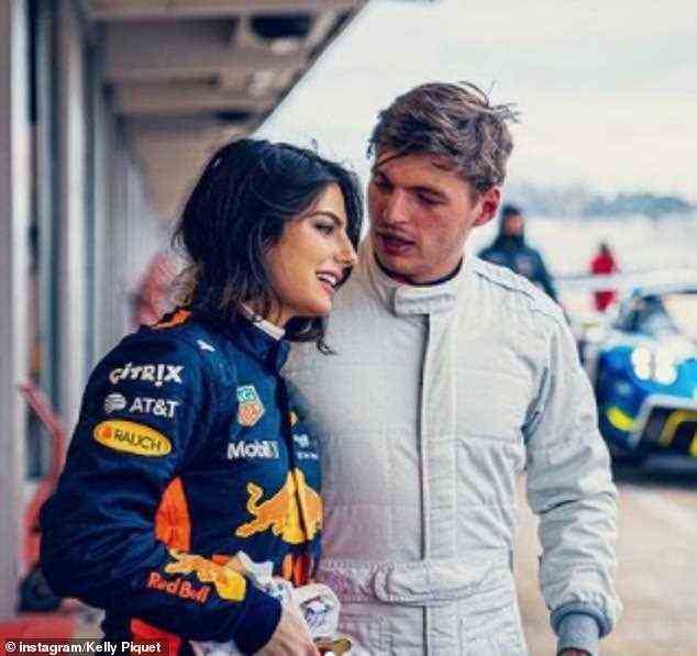 Cheering Max Verstappen on this weekend at the finale of the world championship in Abu Dhabi is his glamorous Brazilian model girlfriend Kelly Piquet, 33, (pictured together)