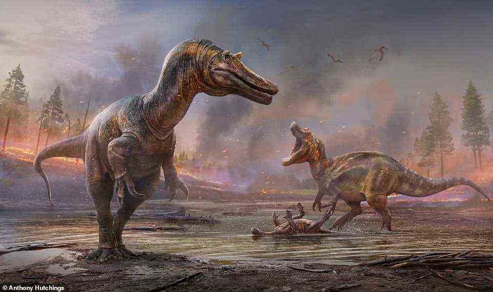 Artist's depiction of the two new species of spinosaurid dinosaurs discovered on the Isle of Wight, named ¿Hell heron¿ (foreground) and ¿Riverbank hunter¿