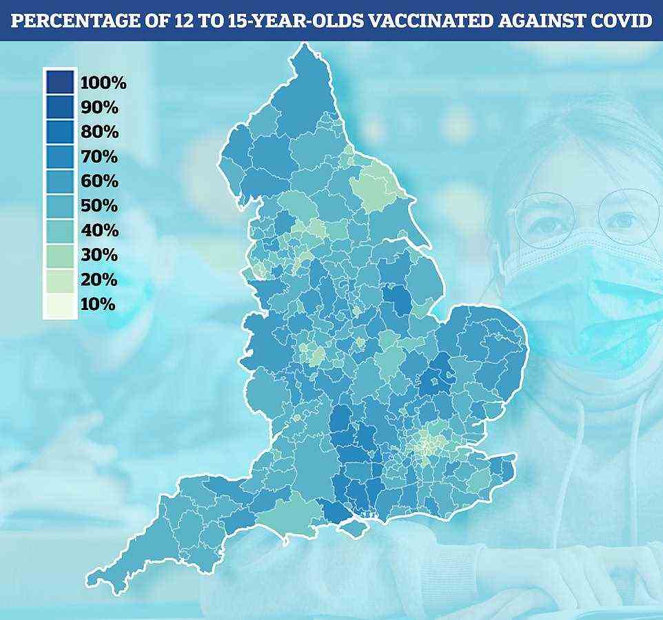 Die obige Karte zeigt den Anteil der Kinder im Alter von 12 bis 15 Jahren, die von den lokalen Behörden in England eine Dosis des Covid-Impfstoffs erhalten haben.  Kindern in dieser Altersgruppe werden über den Impfdienst der Schulen und die NHS-Kliniken zwei Dosen des Pfizer-Impfes angeboten