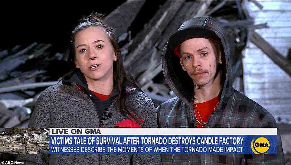 A man who identified himself only as Dakota, right, said he found himself trapped under a water fountain at the Mayfield candle factory, which was destroyed in the tornado. He texted his girlfriend, Brandy, left, that the factory was hit in the storm