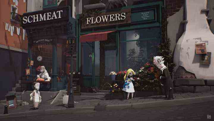 Characters standing outside flower shop in Little Devil Inside.