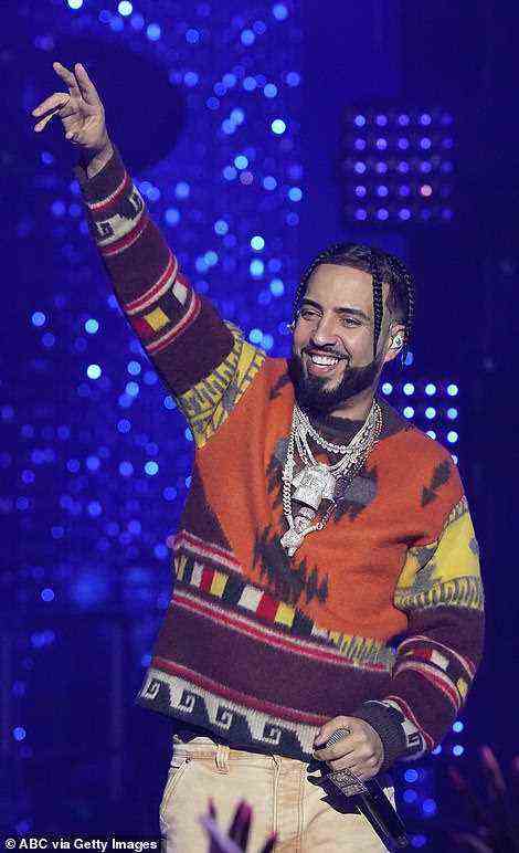 Rap stars: Following her dramatic performance, the action switched to Los Angeles, where French Montana performed his hit Unforgettable. He was dressed in a multicolored holiday-appropriate sweater as he laid out bars