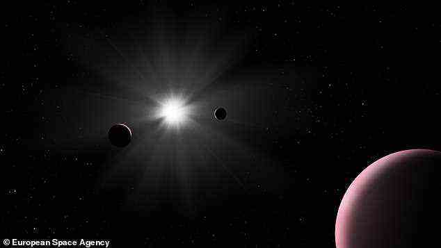 A unique exoplanet has been found after it unexpectedly 'photobombed' its star 48 light-years away. An artist's impression of the Sun-like Nu2 Lupi and its three planets is shown