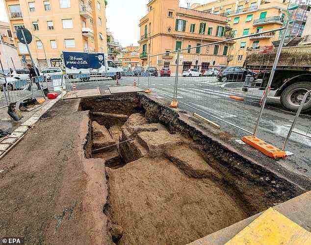 The archaeologists believe that the structures making up the funerary complex were constructed between the 1st century BC and the 1st century AD. Pictured: the dig site, which lies near the intersection of the Via Luigi Tosti and the Via Latina