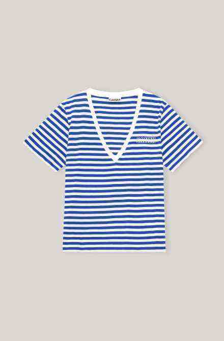 Ganni Stripe Thin Software Jersey V-Neck T-Shirt, Stripe