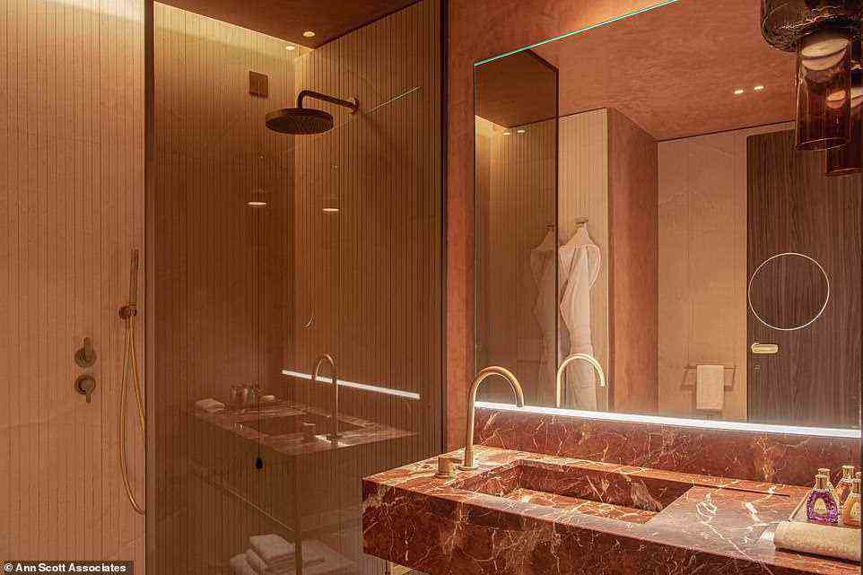 The executive suite bathroom. There are lots of salmon-orange tones in the hotel's colour palette, James notes