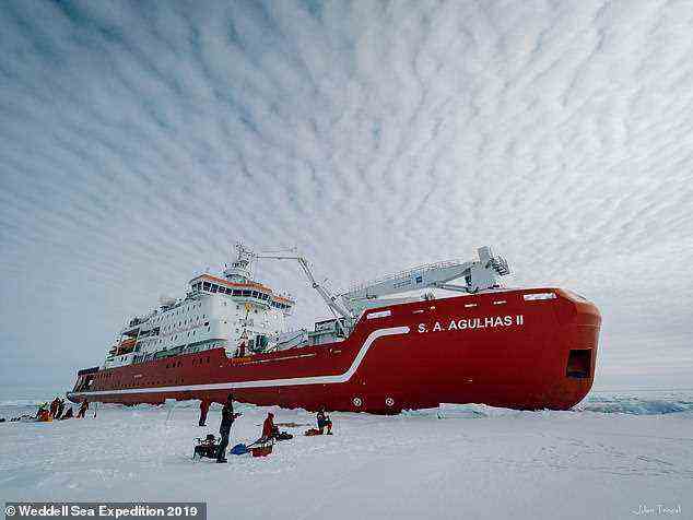 The crew of the Falklands Maritime Heritage Trust's Endurance22 Expedition are making final preparations to set sail from Cape Town, South Africa to to the Weddell Sea on board the research and icebreaker vessel SA Agulhas II (pictured) on February 5 this year