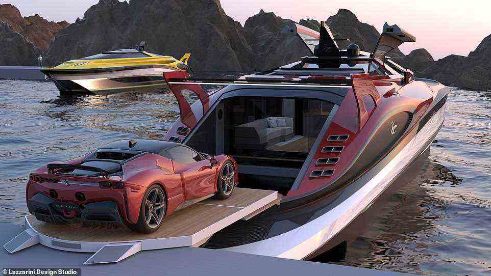 Das Boot - das in einem roten Ferrari-Stil daherkommt - verfügt über eine Garage für den Straßen-Ferrari (oder ähnlich) des Besitzers.