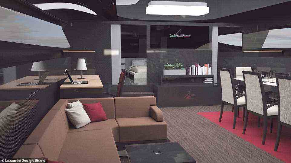 Die abgebildete untere Ebene der Yacht verfügt über ein „großes Wohnzimmer“ mit Küche und Platz für drei bis vier Gästezimmer