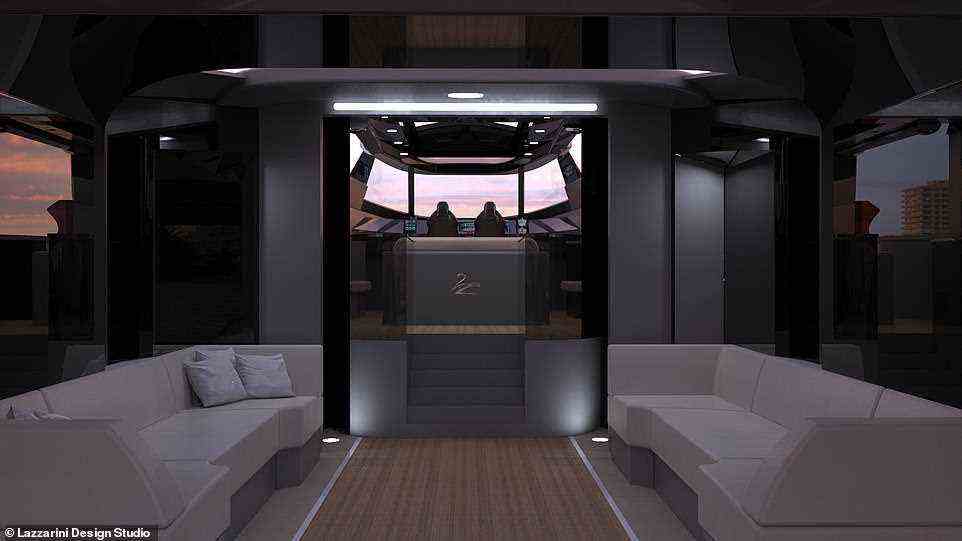 Die abgebildete obere Ebene der Yacht umfasst einen zweiten Wohnbereich sowie die Kapitänskajüte