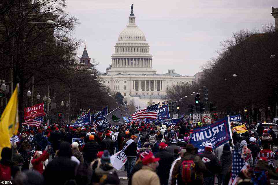 Thousands of Trump supporters are seen on January 6, 2021, marching towards the Capitol