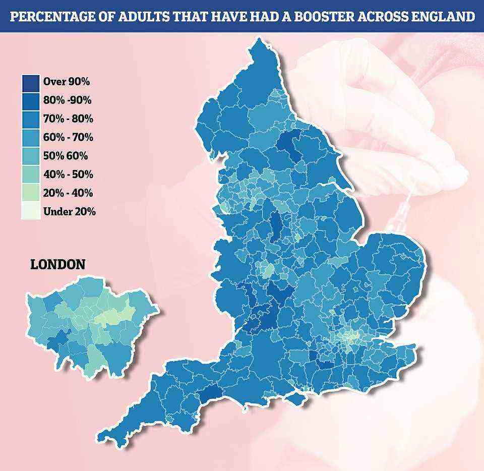 The above map shows vaccine uptake across England's 300-plus local areas, with darker colours indicating a higher proportion of the population that has got a booster. Uptake is lowest in London