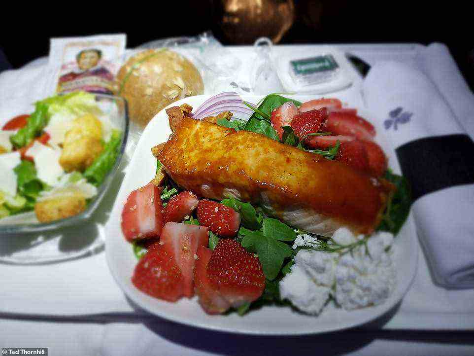 A salmon main on the flight back to Manchester, served with 'the freshest of fresh salads – plus strawberries'