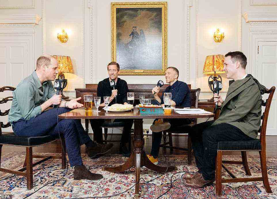 But royal commentators have urged fans not to be fooled into believing the property is a small abode because of its apartment title. Pictured, Prince William sits with Peter Crouch, Tom Fordyce and Chris Stark for a podcast recording at his home